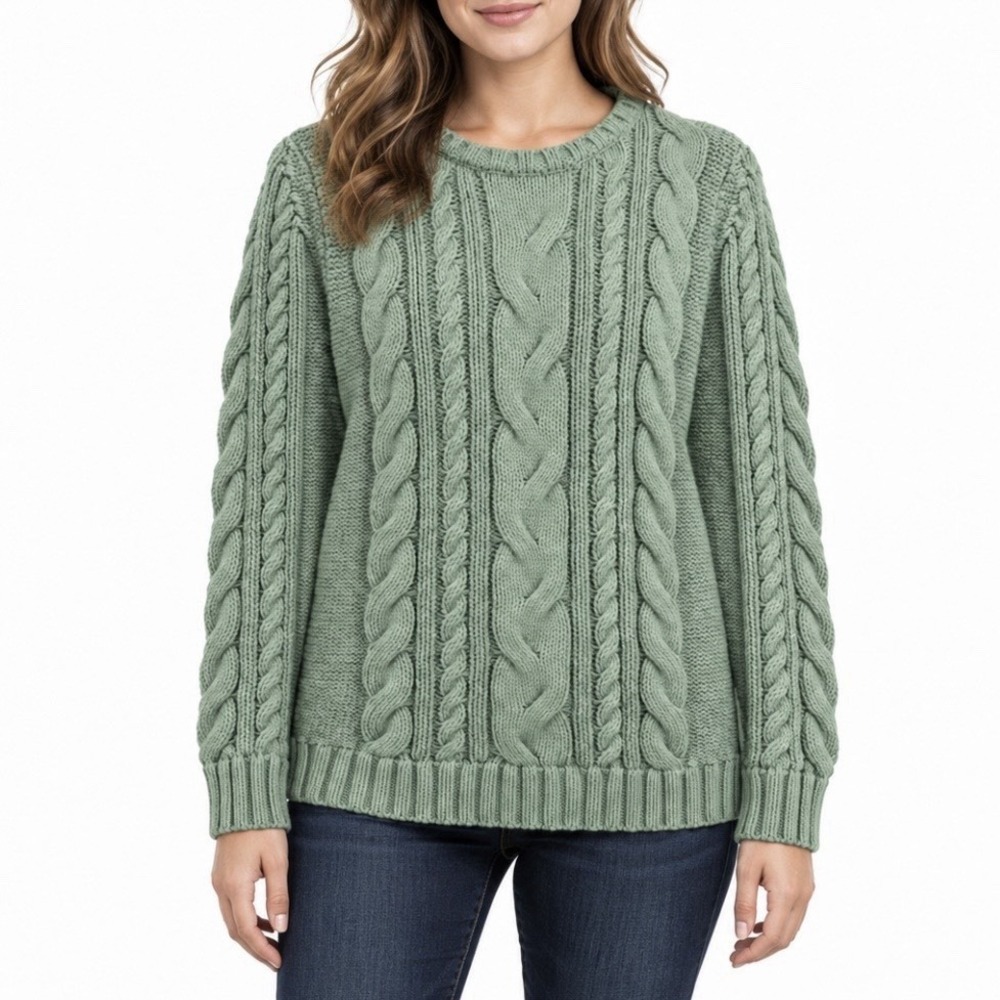 LL Bean Sage Green Double L Mixed Cable Crew Neck Pullover Cotton Sweater XS
